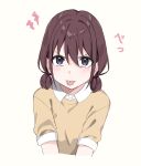  1girl brown_hair closed_mouth collared_shirt commentary_request cropped_torso girls_band_cry grey_eyes iseri_nina looking_at_viewer moeruru8812 shirt short_twintails simple_background solo sweater tongue tongue_out translation_request twintails white_background white_shirt yellow_sweater 
