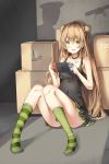  :d absurdres bangs bare_arms bare_shoulders black_choker black_dress blush bow box breasts cardboard_box choker collarbone commentary convenient_leg double_bun dress eyebrows_visible_through_hair full_body girls_frontline green_bow green_eyes green_legwear hair_between_eyes hair_bow handheld_game_console highres holding holding_handheld_game_console kneehighs light_brown_hair long_hair looking_at_viewer mismatched_legwear nintendo_switch no_shoes on_floor open_mouth rfb_(girls_frontline) shadow side_bun sitting sleeveless sleeveless_dress small_breasts smile sobmarine solo striped striped_legwear vertical-striped_legwear vertical_stripes very_long_hair 