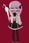  1girl absurdres ada_(iyowa) adipocere_(vocaloid) black_bow black_footwear black_pantyhose black_ribbon black_skirt boots bow closed_mouth collared_shirt expressionless fire frilled_skirt frills full_body fur-trimmed_jacket fur_trim grey_eyes grey_hair hair_bow highres holding holding_torch iyowa_girls jacket jitome looking_at_viewer open_clothes open_jacket pantyhose red_background ribbon shirt sidelocks simple_background skirt solo standing torch twintails vocaloid white_jacket white_shirt xiaoxigezitang 