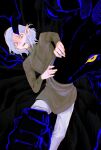  1boy animal black_background crying demon dungeon_meshi elf english_commentary goat goat_(dungeon_meshi) grey_eyes grey_hair high_collar highres horizontal_pupils horns leg_grab long_sleeves male_focus medium_hair mithrun outline pants pointy_ears purple_outline pushing_away scared shirt tears wavy_hair wide-eyed xiaoarts yellow_eyes 
