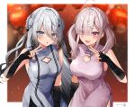  ahoge braid breasts china_dress chinese_clothes dress eyes_visible_through_hair grey_eyes grey_hair hair_between_eyes hair_ornament hair_over_one_eye highres large_breasts long_hair long_hair_between_eyes looking_at_viewer mole mole_under_eye mole_under_mouth multicolored_hair multiple_girls multiple_moles nijisanji open_mouth paruo_orh purple_eyes side_braids smile sophia_valentine sukoya_kana triangle_hair_ornament twintails virtual_youtuber x x_hair_ornament 