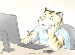  2017 anthro clothing computer feline male mammal shirt sitting slightly_chubby solo tiger tiger_cub 