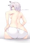  akizora_momiji animal_ears ass breasts butt_crack fang from_behind hashtag highres looking_at_viewer looking_back medium_breasts panties pink_eyes profile purple_hair short_hair simple_background sitting solo topless underwear white_background white_panties 