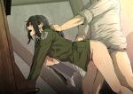  1boy 1girl black_hair bottomless bound bound_wrists breasts coat commission grabbing_another&#039;s_hair greco_roman_(spiral_brain) green_coat hanging_breasts hetero large_breasts nipples open_clothes pieck_finger rape restrained sex sex_from_behind shingeki_no_kyojin shirt skeb_commission thighs white_shirt 