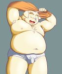 2018 anthro belly bulge canine clothing dog humanoid_hands male mammal moobs namihira_kousuke navel nipples one_eye_closed overweight overweight_male shirt simple_background solo tiger_cub trouble_(series) underwear undressing wink 