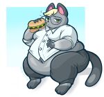 2023 animal_crossing anthro artist_name barefoot belly belly_overhang belly_peeking_out big_belly biped blonde_hair blue_background blush bodily_fluids border bottomwear burger clothed clothing deep_navel domestic_cat dress_shirt eating embarrassed eyewear feet felid feline felis food full-length_portrait glasses gloves_(marking) gradient_background grey_body hair heterochromia hi_res holding_burger holding_food holding_object huge_belly leg_markings looking_at_viewer love_handles male mammal markings moobs navel nintendo obese obese_anthro obese_male open_mouth overweight overweight_anthro overweight_male pants portrait raymond_(animal_crossing) robirobi shirt simple_background sitting socks_(marking) solo sweat sweatdrop tail thick_thighs three-quarter_view topwear wearing_glasses white_border