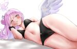  1girl :o black_bra black_panties blue_archive blush bow bow_bra bow_panties bra breasts cameltoe commentary feathered_wings hair_bun highres lds_(dstwins97) long_hair looking_at_viewer medium_breasts mika_(blue_archive) navel panties pink_hair scrunchie single_side_bun solo stomach sweat underwear underwear_only white_wings wings wrist_scrunchie yellow_eyes 