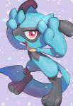  black_fur blue_fur blue_tail fang grey_background highres looking_at_viewer no_humans nullma open_mouth pokemon pokemon_(creature) red_eyes riolu solo two-tone_fur 