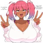  1girl ahegao blunt_bangs blush breasts cleavage collarbone commentary dark_skin double_v drooling earrings english_text facing_viewer fang fingernails gradient_hair hair_between_eyes jewelry large_breasts long_fingernails long_hair long_sleeves mouth_drool multicolored_hair ohasi open_mouth original pink_(ohasi) pink_hair pink_nails puff_of_air rolling_eyes shirt simple_background skin_fang sleeves_past_wrists solo sweat symbol-only_commentary twintails upper_body v white_background white_shirt 