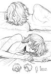  1boy back bags_under_eyes closed_eyes dungeon_meshi elf highres lying male_focus mithrun monochrome multiple_scars notched_ear ochitsukutsuku on_bed on_side pillow pointy_ears scar short_hair sleeping solo topless_male wavy_hair white_background 