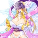  1girl angel angewomon armor bare_shoulders blonde_hair breastplate breasts cleavage clothing_cutout covered_eyes digimon digimon_(creature) feathered_wings gerusyu helmet helmet_over_eyes highres huge_breasts light_blush long_hair navel pink_ribbon ribbon simple_background solo stomach_cutout tongue tongue_out unworn_armor upper_body white_background white_wings winged_helmet wings 