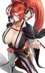  1girl absurdres amputee baiken big_hair breasts eyepatch facial_tattoo guilty_gear guilty_gear_strive hair_ornament highres holding holding_smoking_pipe huge_breasts japanese_clothes katana kimono long_hair open_clothes open_kimono red_eyes red_hair scar scar_across_eye scar_on_face simple_background smoke smoking smoking_pipe solo souma_(so_u_maaaaa) sword tattoo weapon 