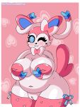 accessory anthro areola big_areola big_breasts blush breasts clothing eeveelution fangs female fur generation_6_pokemon genitals hair_accessory hi_res holding_breast inverted_nipples legwear nintendo nipples one_eye_closed pink_areola pink_body pink_nipples pokemon pokemon_(species) pokemorph pussy ribbons_(anatomy) shinychaonsfw short_stack simple_background slightly_chubby slightly_chubby_anthro slightly_chubby_female solo stockings sylveon teeth thick_thighs white_body