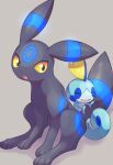  alternate_color black_fur blue_fur brown_background closed_eyes highres looking_at_another no_humans nullma open_mouth orange_eyes pokemon pokemon_(creature) shiny_pokemon simple_background sobble two-tone_fur umbreon 