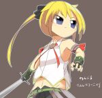  1girl armpit_peek black_bow black_skirt blonde_hair blue_eyes bow brown_background closed_mouth collared_shirt commentary_request fingerless_gloves flat_chest gloves green_gloves hair_bow holding holding_sword holding_weapon kill_me_baby lets0020 long_hair looking_afar looking_to_the_side medium_bangs midriff navel shirt simple_background skirt sleeveless sleeveless_shirt solo sonya_(kill_me_baby) sword translation_request twintails upper_body weapon 