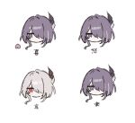  1girl 43ld6 acheron_(honkai:_star_rail) chibi chibi_only closed_mouth crying crying_with_eyes_open food fruit hair_intakes hair_ornament hair_over_one_eye head_only honkai:_star_rail honkai_(series) looking_at_food looking_at_viewer medium_hair multicolored_hair multiple_views official_alternate_color peach purple_eyes purple_hair red_eyes simple_background streaked_hair tears translation_request white_background white_hair 
