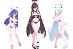 3girls absurdres alternate_costume bare_arms bare_legs bare_shoulders bikini black_bikini black_footwear blue_archive blunt_bangs blush breasts cleavage closed_mouth full_body grey_hair hair_ornament hairclip halo highres hime_cut large_breasts long_hair looking_at_viewer mechanical_halo midang multiple_girls navel noa_(blue_archive) one_eye_closed open_mouth purple_eyes purple_hair rio_(blue_archive) sandals simple_background swimsuit two_side_up very_long_hair white_background white_bikini yuuka_(blue_archive) 