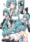 1girl alternate_hair_length alternate_hairstyle aqua_hair bare_shoulders black_thighhighs blue_eyes blush bow braid breasts cinnamiku detached_sleeves hair_bow hatsune_miku heart long_hair looking_at_viewer multiple_views necktie one_eye_closed open_mouth ponytail ramika_(ramika0606) short_hair simple_background smile thighhighs vocaloid white_background 