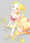  1girl :d blonde_hair brooch butterfly_brooch choker commentary_request cure_lemonade dress earrings eyelashes gloves grey_background happy jewelry jj_(ssspulse) kasugano_urara_(yes!_precure_5) long_hair looking_at_viewer magical_girl open_mouth precure simple_background smile solo thighhighs thighs twintails very_long_hair yellow_choker yellow_dress yellow_eyes yellow_thighhighs yes!_precure_5 