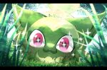  animal_focus blush closed_mouth day grass green_fur highres looking_at_viewer naoto_(shion) no_humans outdoors pink_eyes pokemon pokemon_(creature) signature smile solo sparkling_eyes sprigatito twitter_username two-tone_fur 