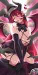  1girl absurdres black_dress black_gloves blush breasts cleavage demon_girl demon_horns demon_wings dress elbow_gloves gloves grabbing grabbing_another&#039;s_breast habit heart heart-shaped_pupils heterochromia highres hololive horns houshou_marine large_breasts long_hair looking_at_viewer meshiiro_(rome_sy) red_eyes red_hair symbol-shaped_pupils tongue virtual_youtuber wings yellow_eyes 
