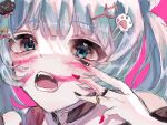  1girl animal_(vocaloid) animal_ears black_nails black_shirt blue_eyes cat_hair_ornament choker fangs hair_ornament hatsune_miku jewelry long_hair looking_at_viewer nail_polish open_mouth shirt solo twintails user_vrrg3827 vocaloid 