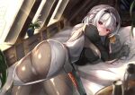  1girl absurdres armored_bodysuit armored_gloves ass bandaged_head bandages black_gloves blush bodystocking breasts cleavage gloves goddess_of_victory:_nikke grey_hair hair_ribbon highres kurono_suzuran large_breasts long_hair long_sleeves looking_at_viewer modernia_(nikke) open_mouth red_eyes ribbon see-through smile solo yellow_ribbon 