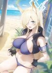  1girl animal_ear_fluff animal_ears beach bikini black_gloves black_vest blonde_hair blue_archive blue_bikini blue_eyes breasts day extra_ears gloves hair_over_one_eye highres kanna_(blue_archive) large_breasts long_hair looking_at_viewer navel ocean open_clothes open_mouth open_vest outdoors solo swimsuit vest xiujia_yihuizi 