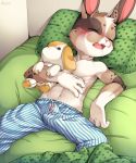  anthro blush brown_fur bulge child clothed clothing cub erection eyes_closed fur hi_res lagomorph lying male mammal navel on_back pajamas penis plushie precum rabbit sleeping solo sweat topless unrealplace young 