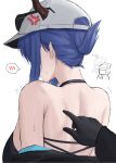  1boy 1girl 1other anger_vein arknights baseball_cap bikini black_bikini black_jacket blue_archive blue_hair blush breasts ch&#039;en_(arknights) ch&#039;en_the_holungday_(arknights) doctor_(arknights) doodle_sensei_(blue_archive) eyewear_on_head from_behind hat highres hood horns jacket large_breasts namikare ponytail sensei_(blue_archive) sidelocks simple_background solo_focus sunglasses swimsuit wet white_background 
