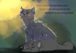  2018 :3 abstract_background ambiguous_gender death domestic_cat english_text eyes_closed felid feline felis feral fur gray_wing_(warriors) grey_body grey_fur happy looking_up male_(lore) mammal meep_(artist) open_mouth open_smile peaceful smile solo sparkles spirit starclan_cat tail text torn_ear translucent translucent_body warriors_(book_series) yellow_eyes 