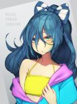  :o absurdres ai_ken bangs bikini_top blue_bow blue_eyes blue_hair blue_hoodie blush bow character_name collarbone debt flat_chest grey_background hair_between_eyes hair_bow halterneck highres hood hoodie long_hair looking_at_viewer off_shoulder romaji solo touhou two-tone_background upper_body yellow_bikini_top yorigami_shion 