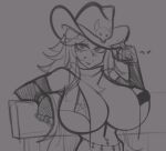  1girl bandana belly_chain bra breasts commentary cowboy_hat cowgirl_(western) elbow_gloves english_commentary facial_mark gloves grin hat hat_tip heart heart_facial_mark huge_breasts jewelry joeydrawss lips long_hair looking_at_viewer lulu_lasso monochrome navel navel_piercing nexas_(vtuber) piercing sketch smile solo underwear virtual_youtuber 
