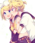  1girl aoi_choko_(aoichoco) arm_tattoo arms_around_waist bare_shoulders belt blonde_hair blue_eyes blush bow brother_and_sister cheek-to-cheek crop_top detached_sleeves hair_bow hair_ornament hairclip headphones headset highres hug hug_from_behind kagamine_len kagamine_rin looking_at_another midriff navel number_tattoo open_mouth parted_lips sailor_collar shirt short_hair short_ponytail shorts siblings sleeveless sleeveless_shirt smile tattoo twins upper_body vocaloid 