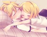  aoi_choko_(aoichoco) blonde_hair blush brother_and_sister kagamine_len kagamine_rin lying on_back on_stomach print_sailor_collar shirt short_hair short_ponytail shorts siblings sleeping sleeping_on_person sweat sweatdrop t-shirt twins vocaloid 