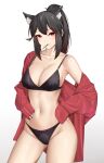  1girl absurdres animal_ear_fluff animal_ears arknights black_bra black_hair black_panties bra breasts casperrin cowboy_shot english_commentary highres large_breasts looking_at_viewer navel open_clothes panties ponytail red_eyes red_shirt shirt simple_background solo texas_(arknights) underwear wolf_ears 