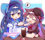  2girls blue_hair blush bow brown_hair cherry closed_eyes commission dress fang feeding food fruit hat highres holding holding_spoon ice_cream lolita_fashion long_hair long_sleeves multiple_girls musical_note open_mouth original puffy_sleeves red_bow skeb_commission smile spoken_musical_note spoon twitter_username uenomigi watermark yellow_eyes 