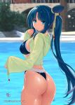  bangs bikini black_hair blue_bikini blue_eyes blush covered_nipples eyebrows_visible_through_hair fate/grand_order fate_(series) hair_bun hood hoodie light_smile long_hair looking_at_viewer murasaki_nyaa shiny shiny_skin shirt side_ponytail signature sleeves_past_wrists solo_focus swimsuit ushiwakamaru_(fate/grand_order) ushiwakamaru_(swimsuit_assassin)_(fate) very_long_hair water watermark web_address yellow_shirt 