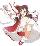  1girl absurdres bloomers bow brown_eyes brown_hair commentary_request detached_sleeves frilled_bow frilled_hair_tubes frills gohei hair_bow hair_tubes hakurei_reimu highres holding holding_gohei long_hair mary_janes open_mouth red_bow red_footwear red_skirt ribbon-trimmed_sleeves ribbon_trim sasaki_sakiko shoes simple_background skirt socks solo touhou white_background white_bloomers white_socks 