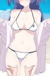 1boy 1girl 3: alternate_costume ass_visible_through_thighs bikini blue_archive blue_sky blurry blush breasts cleavage cloud cloudy_sky collarbone depth_of_field embarrassed groin halo hands_on_another&#039;s_thighs head_out_of_frame highres large_breasts long_hair long_sleeves looking_at_viewer low_twintails meme navel open_clothes open_shirt outdoors pov pov_cheek_grabbing_(meme) pov_hands purple_hair reia_76 sensei_(blue_archive) shirt sidelocks sky spaghetti_strap stomach swimsuit thick_thighs thigh_grab thighs twintails white_bikini white_shirt yuuka_(blue_archive) 