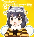  1girl absurdres animal_ears antennae bee_costume black_bow black_hair blush_stickers bow common_raccoon_(kemono_friends) eyelashes fake_wings fur_collar grey_hair hair_between_eyes highres kemono_friends looking_at_viewer open_mouth raccoon_ears shirt short_hair solo striped_clothes striped_shirt suicchonsuisui thank_you upper_body wings yellow_background 