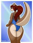  absurd_res anthro blush blush_lines butt clothing female hair hi_res legs_together looking_at_viewer looking_back mammal mustelid otter red_hair solo squaresalami suprised_look swimwear tail 