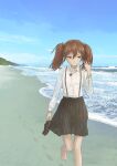  1girl absurdres barefoot beach black_skirt brown_eyes brown_footwear brown_hair cloud commentary_request day footprints hair_between_eyes hair_ribbon hand_in_own_hair highres holding holding_shoes jewelry kantai_collection long_hair long_sleeves magatama magatama_necklace mountain necklace nito_(nshtntr) ocean outdoors pleated_skirt ribbon ryuujou_(kancolle) shirt shoes skirt sky solo suspender_skirt suspenders twintails unworn_shoes walking water white_shirt 