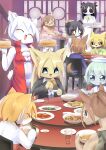  &gt;_&lt; 6+girls :3 animal_ears bamboo_steamer bear_girl bikini black_hair black_jacket black_sclera blazer blonde_hair blue_eyes blush breasts brown_hair china_dress chinese_clothes chopsticks colored_sclera colored_skin commentary_request dim_sum dixie_cup_hat dog_girl dress dumpling eating food furry furry_female green_hair grey_skin hat highres holding holding_chopsticks holding_plate horse_girl indoors jacket jiaozi large_breasts lets0020 lion_girl long_hair mapo_tofu medium_bangs military_hat multiple_girls open_clothes open_mouth open_shirt original panda_ears panda_girl plate pointy_ears popped_collar red_bikini red_shirt restaurant shirt short_hair smile soup spring_roll swimsuit table white_dress white_eyes white_hat white_shirt white_skin yellow_eyes 