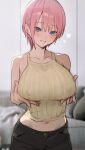  1girl absurdres black_pants blue_eyes blurry blurry_background blush breast_lift breasts collarbone couch earrings go-toubun_no_hanayome grin heart highres jewelry large_breasts looking_at_viewer midriff military_vehicle motor_vehicle nakano_ichika navel pants pink_hair ribbed_tank_top short_hair smile solo sooon stomach stud_earrings tank 
