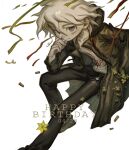  1boy bbbbbaasos black_pants closed_mouth clover coat confetti danganronpa_(series) danganronpa_2:_goodbye_despair dated four-leaf_clover grey_eyes happy_birthday highres hood hood_down hooded_coat komaeda_nagito long_sleeves looking_at_viewer male_focus messy_hair open_clothes open_coat pants shirt shoes simple_background solo star_(symbol) streamers white_hair 