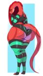  2018 absurd_res anthro armwear big_breasts big_butt breasts butt clothing digital_media_(artwork) elbow_gloves elyssa_(trinity-fate62) eyelashes eyewear fangs female forked_tongue glasses gloves hair hi_res huge_butt huge_hips legwear long_hair midriff panties rear_view red_hair reptile scalie shirt snake solo standing stockings tank_top thick_thighs thigh_highs tongue tongue_out trinity-fate62 two_tone_background underwear voluptuous wide_hips yellow_sclera 