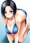  1girl absurdres all_fours barefoot bikini black_hair blue_bikini blue_eyes breasts butt_crack cleavage commentary_request highres large_breasts looking_at_viewer original short_hair side-tie_bikini_bottom solo sumeragi_tomo swimsuit 