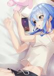  1girl absurdres bed black_shorts blue_hair blush cellphone commentary_request cowboy_shot discord double-parted_bangs grey_eyes hair_between_eyes highres hololive hoshimachi_suisei indoors long_hair lying midriff navel off-shoulder_shirt off_shoulder on_bed on_side open_mouth phone pillow shirt short_shorts shorts smallpine_7 smartphone solo stuffed_animal stuffed_toy t-shirt virtual_youtuber white_shirt 