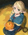  1girl :&gt; absurdres ambrosia_(dungeon_meshi) blonde_hair blue_cape blue_capelet blue_robe bowl braid cape capelet choker collarbone commentary dungeon_meshi elf english_commentary flower food from_above grass green_eyes hair_over_shoulder highres holding holding_bowl holding_food holding_pumpkin holding_vegetable lewdrawings long_hair looking_at_viewer looking_back marcille_donato nervous outdoors pointy_ears pumpkin red_choker robe rose single_braid sitting solo soup spoon vegetable 